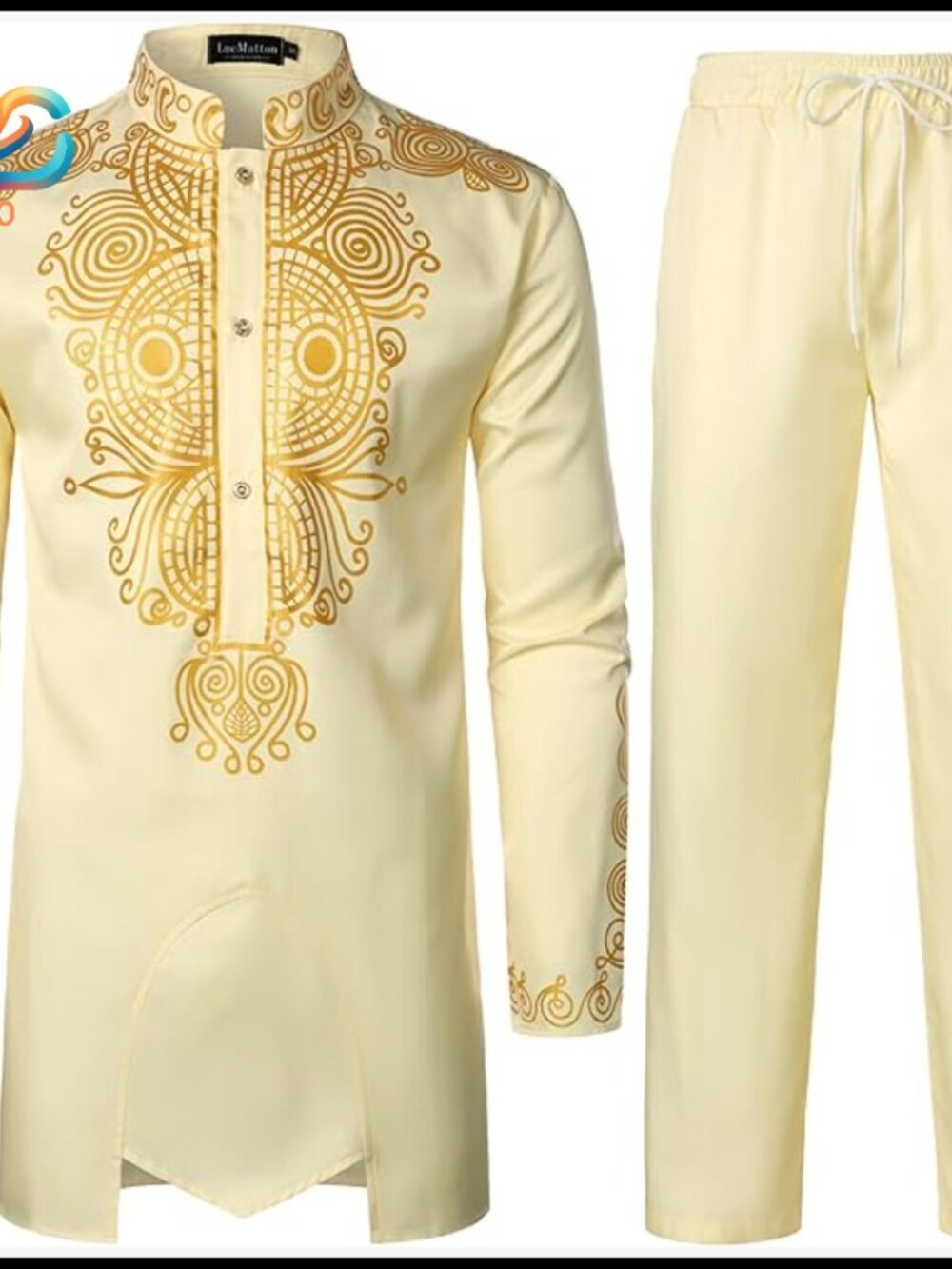Men's African Dashiki Suit 2-Piece Set Gold Foil Print Long Sleeve